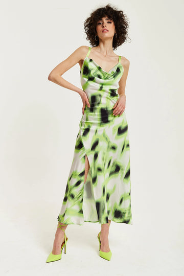 Green And Black Abstract Print Cowl Neck Midi Liquorish
